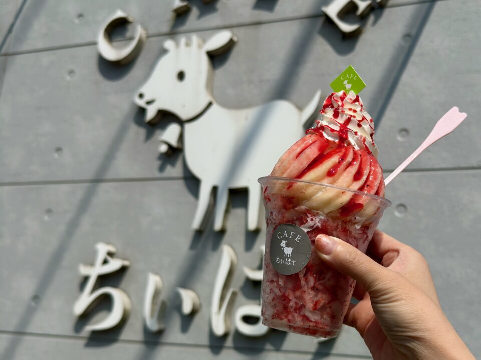 「CAFE ちぃばす」けずりいちご桃ソフト