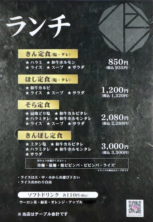 「別府焼肉 きんぼし」メニュー