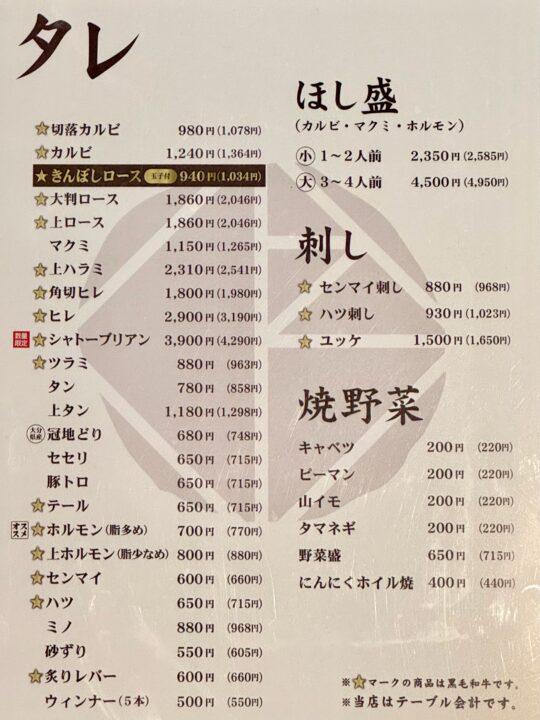 「別府焼肉 きんぼし」メニュー