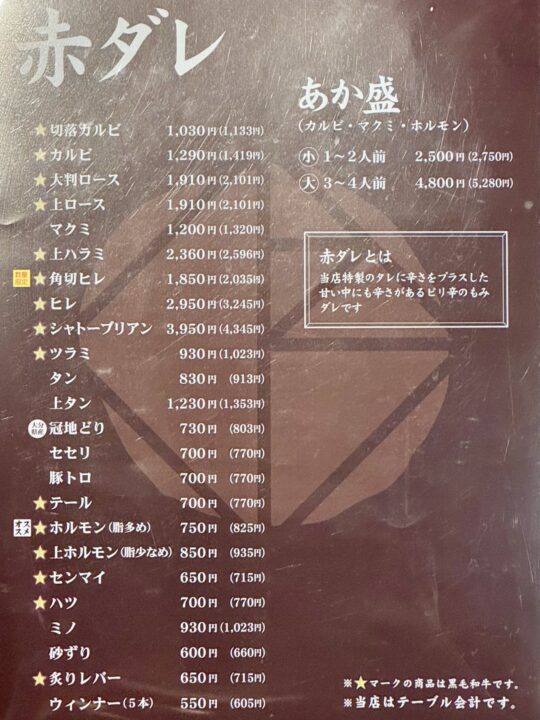 「別府焼肉 きんぼし」メニュー