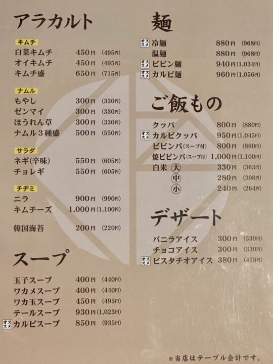 「別府焼肉 きんぼし」メニュー