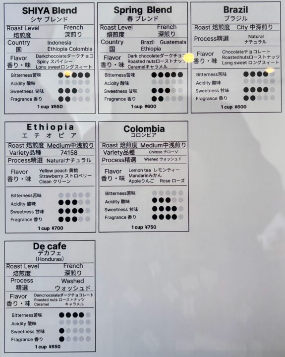 「SHIYA COFFEE」メニュー