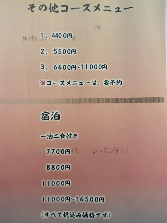「御料理民宿 三休」メニュー